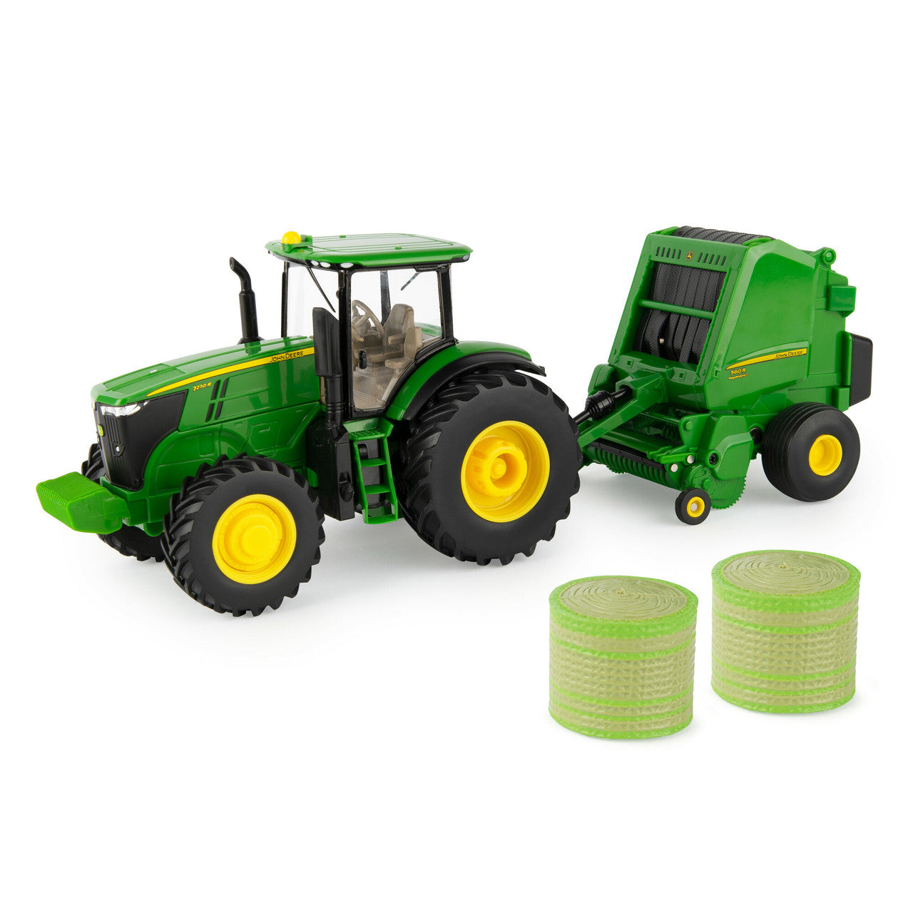 John Deere 1:32 Scale 7270R Tractor with 560R Baler and Round Bale
