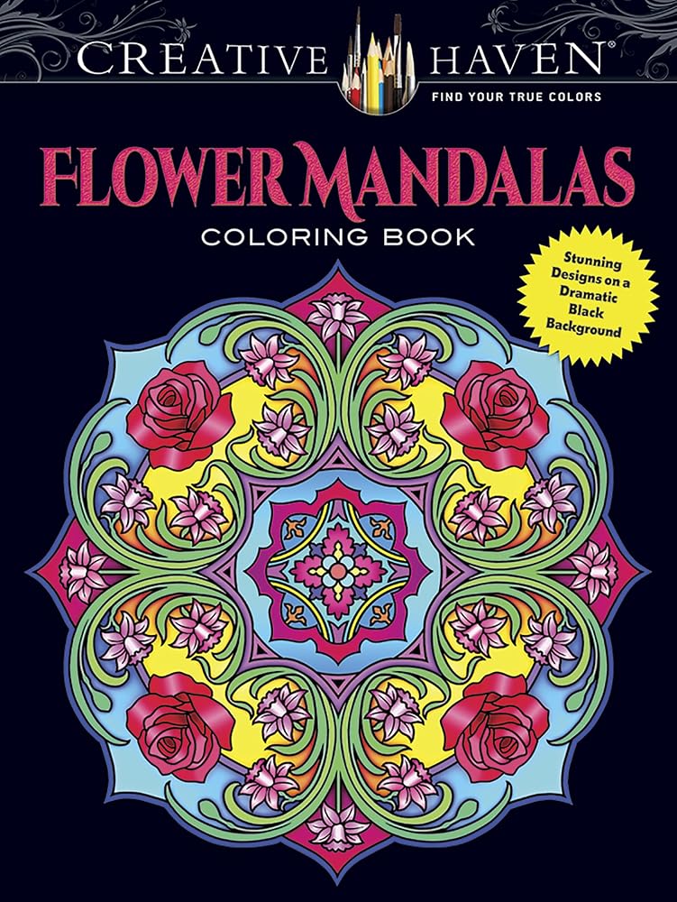 Creative Haven Flower Mandalas Coloring Book: Stunning Designs on a Dramatic Black Background (Adult Coloring Books: Mandalas) cover image