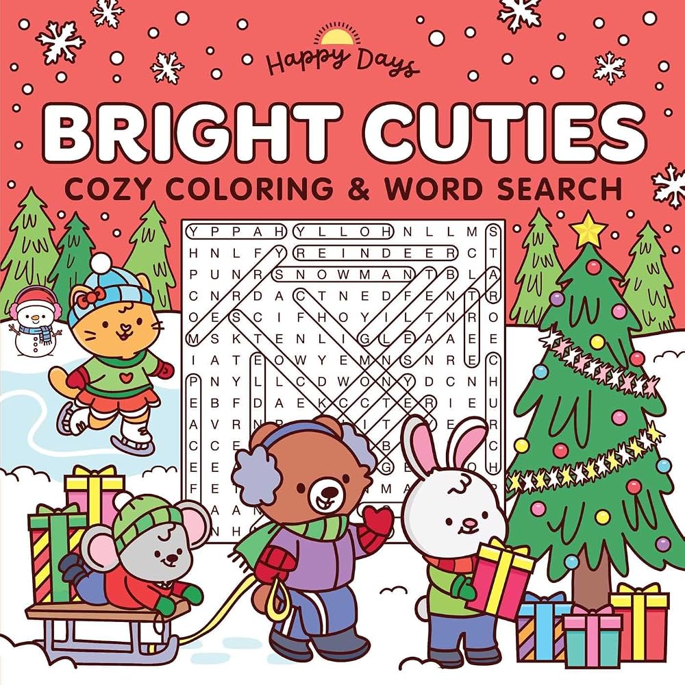 Bright Cuties: Christmas Cozy Coloring & Word Search Book: Sweet and Simple Coloring for Adults and Kids (Happy Days Cozy Coloring) cover image
