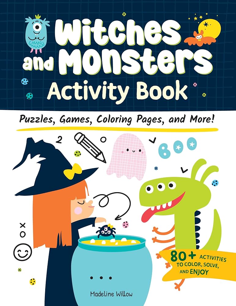 Witches and Monsters Activity Book: Puzzles, Games, Coloring Pages, and More! (Happy Fox Books) 80+ Fun Activities for Kids Ages 6-10 - Mazes, Seek-and-Find, Word Search, Spot-the-Difference cover image