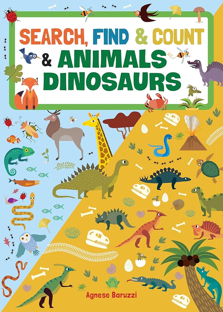 Search, Find & Count: Animals & Dinosaurs (Happy Fox Books) Seek-and-Find Activity Book for Kids Ages 5 and Up - Count Dinosaurs and Practice Addition for Educational Screen-Free Fun cover image
