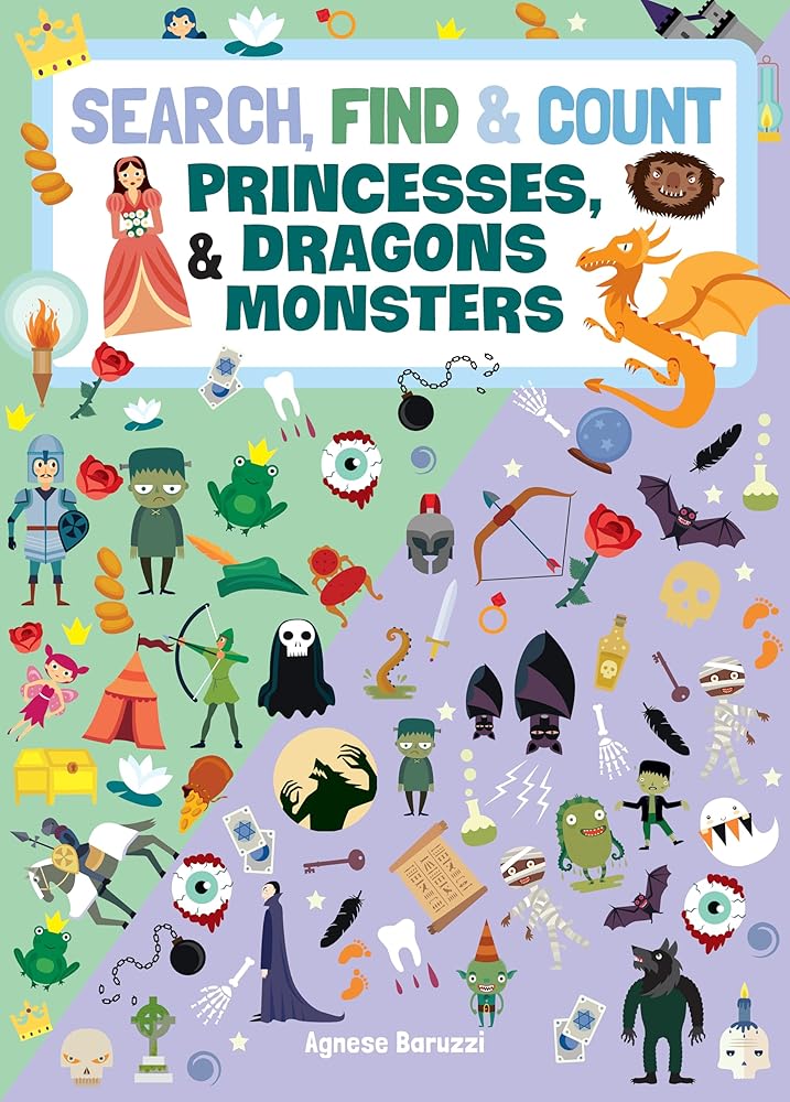Search, Find & Count: Princesses, Dragons & Monsters (Happy Fox Books) Educational Seek-and-Find Activity Book for Kids Ages 5 and Up to Count Objects, Solve Mazes, and Explore Fantasy Scenes cover image