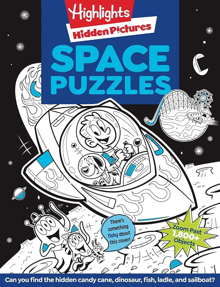 Space Puzzles: Solar System Puzzle Book for Kids 6-12, Fun Space Gift with Activities and Games, Over 100 Puzzles and More Than 1,800 Hidden Objects to Find (Highlights Hidden Pictures) cover image