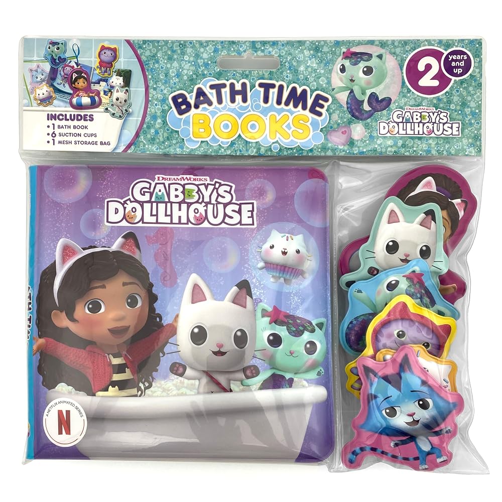 Gabby's Dollhouse Bath Time Books - Activity Books for kids, Bath book, 6 Padded suction cups, 1 Mesh bag cover image