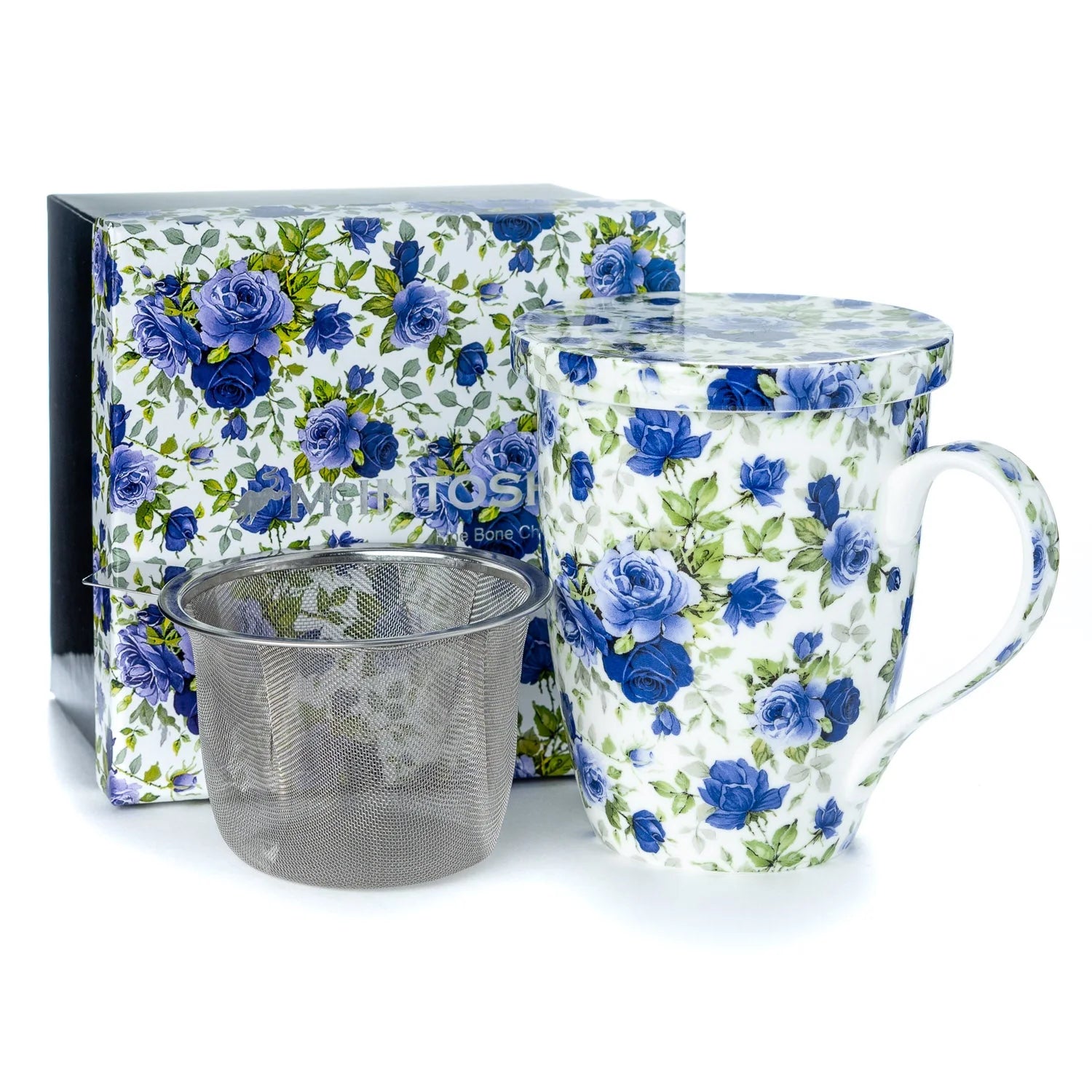 Chintz Dark Blue Roses Tea Mug w/ Infuser and Lid