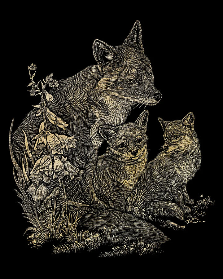 Engraving Art: Fox and Cubs